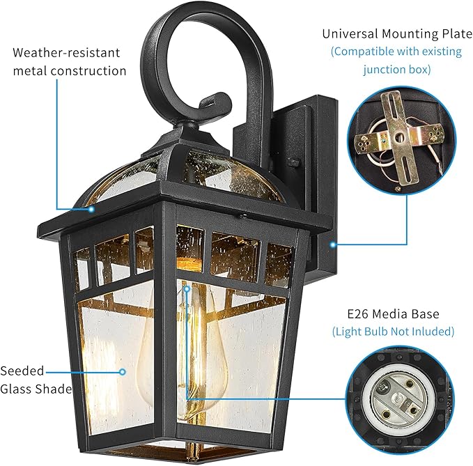 Front Porch Lights Outdoor Wall Lights Exterior Wall Sconce Matte Black Exterior Light Fixtures with Seeded Glass Farmhouse Outdoor Lighting Fixtures for House Garage Porch Patio 2 Pack