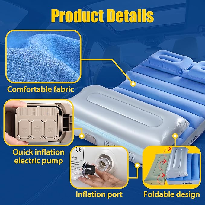 Inflatable Car Air Mattress with Built-in Pump Adjustable Car Camping Bed Sleeping Pad for Back Seat Portable Travel with Two Air Pillows