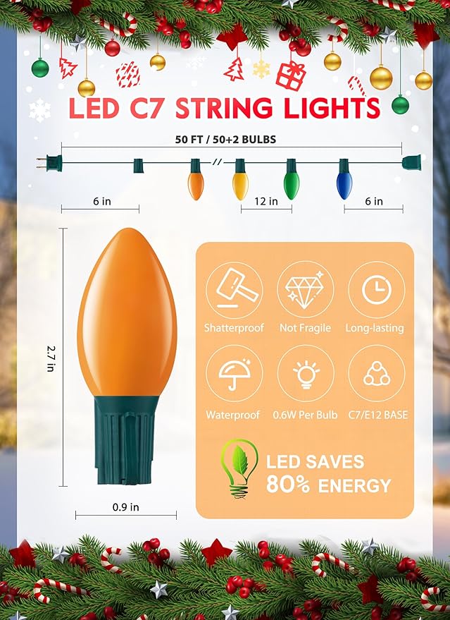 Multicolor C7 LED Christmas Lights Outdoor 50FT Colorful Christmas String Lights with 50+2 Plastic Bulbs Traditional Hanging Holiday Lights for Christmas Tree Patio Fence Roofline Xmas Decorations