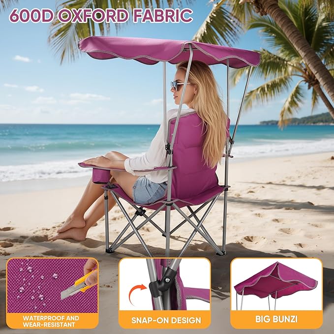 Northroad Folding Camping Chairs with Canopy Shade Beach Chair w/Cup Holders Armrests &amp Carry Bag for Outdoors Travel Sports Fishing Purple