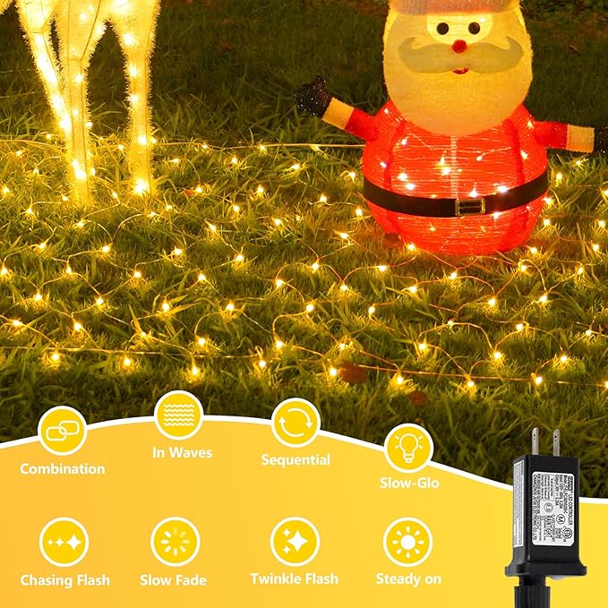 QITONG Net Lights Outdoor Mesh Lights 12ft x 5ft 360 LED Warm White Christmas Light with 8 Modes Connectable Clear Wire Bush Light Plug in