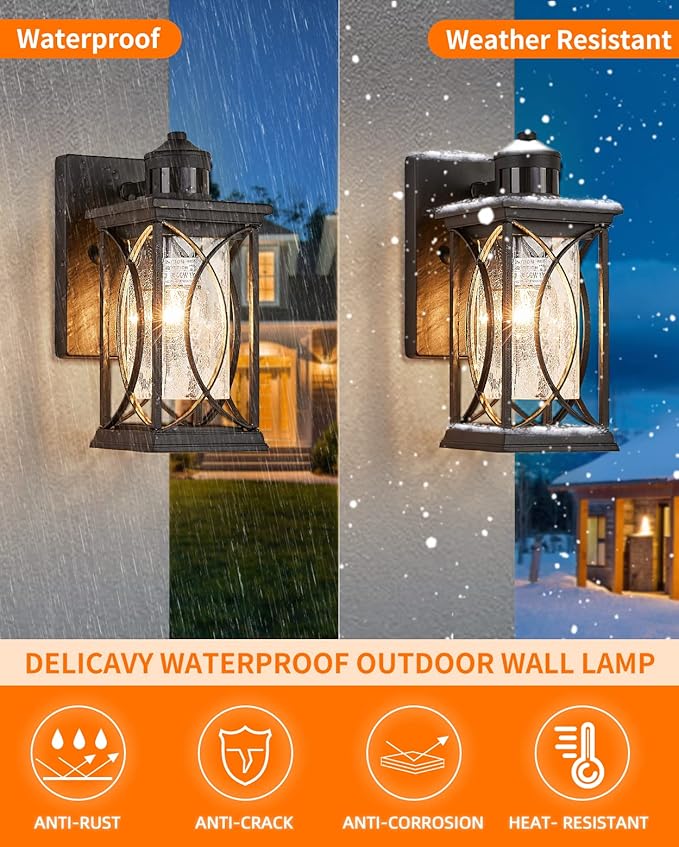 Motion Sensor Outdoor Wall Light with Dimmable Bulb Modern Dusk to Dawn Exterior Light Fixture Wall Mount Porch Light Black with Crack-Like Glass Coach Lantern for House Garage