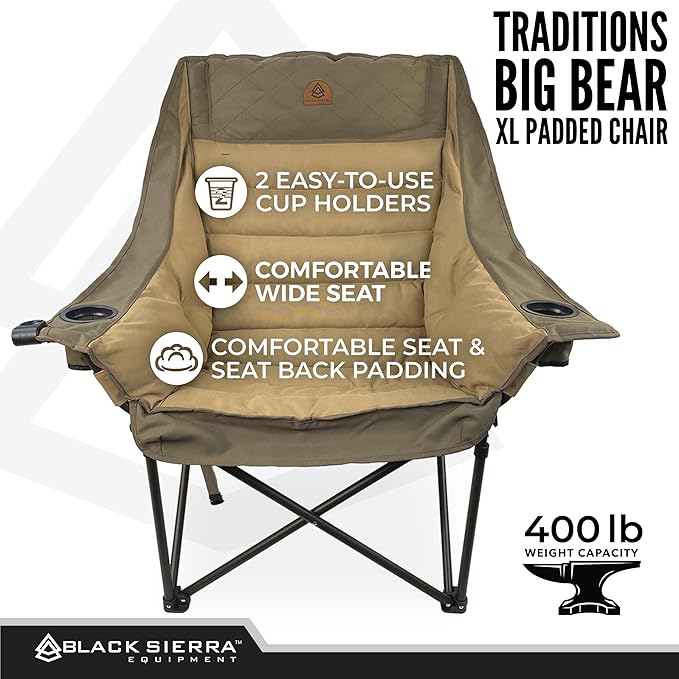 Black Sierra Deluxe Padded Camping Chair for Sports &amp Outdoors Oversize XL Outdoor Folding Chair Supports 400 lbs Heavy Duty Seat w/Dual Cup Holders/Carry Bag Perfect for RV Tailgating Glampin