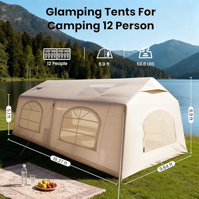 Inflatable Tents for Camping Blow Up Tent with Hand Pump Easy Setup Inflatable Hot Tent with Stove Jack Waterproof Oxford Air Glamping Tents for Camping Adult 4 Person Upgrade Version