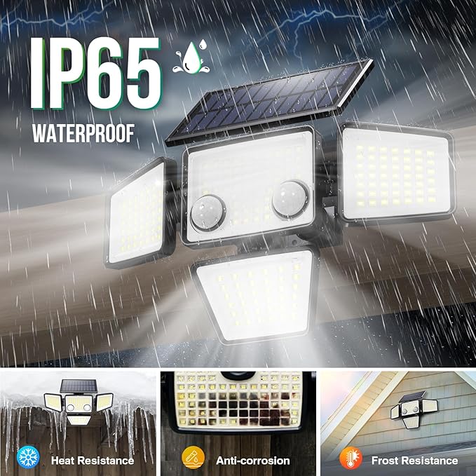 Solar Lights Outdoor - 3000LM 188 LED Motion Sensor Outdoor Lights 4 Heads IP65 Waterproof Powered Security Flood Lights 270°Wide Lighting Angle Wall Light with Sensors for Backyard (4 Pack)