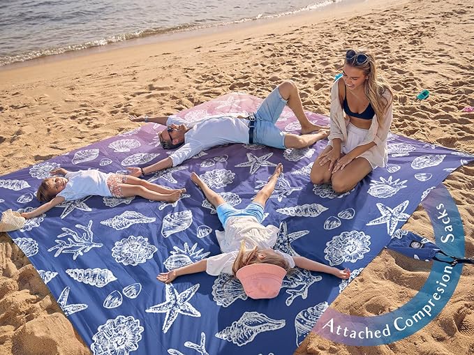 WEKAPO Beach Blanket Waterproof Sandproof &amp Sand-Free Beach Mat with Stakes &amp Built-in Storage Bag – Oversized Extra Large Perfect for Outdoor (Deep Blue Sea Shells 8 X 7 FT (1~4 Person))