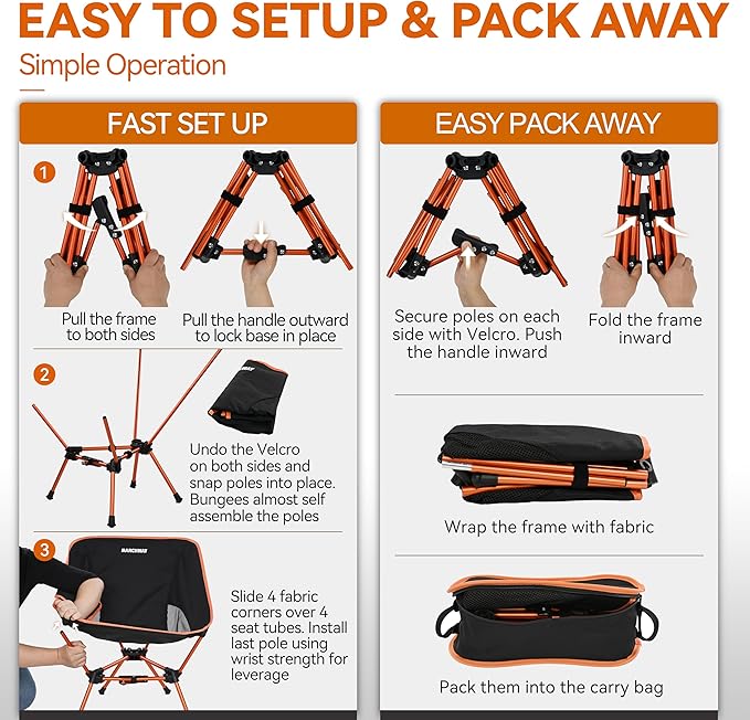 MARCHWAY Lightweight Folding Camping Chair with Spring Lock Stable Compact Portable for Outdoor Camp Travel Beach Picnic Festival Hiking Backpacking (Lowback Orange)