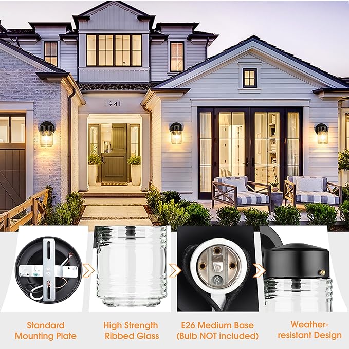 Jelly Jar Outdoor Wall Lantern Black Exterior Waterproof Wall Mount Lighting Fixture Anti-Rust Front Door Sconce with Clear Ribbed Glass E26 Socket Lights 2 Pack