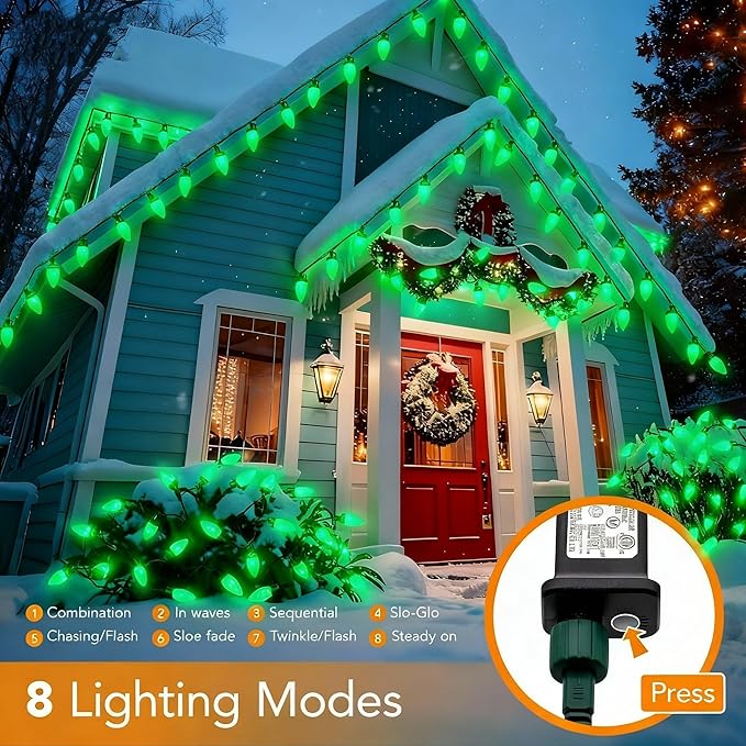 C9 LED Christmas Lights Outdoor33 Feet 50 LED 8 Lighting Modes Waterproof Connectable Christmas String Lights for Outside Roofline Patio Home Xmas Decorations (Green)