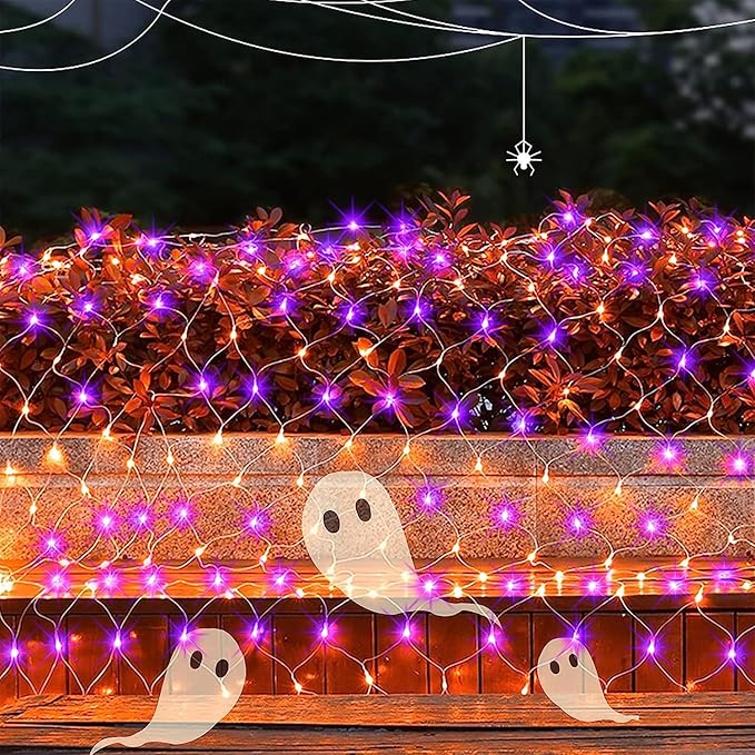 WATERGLIDE Outdoor Halloween Net Lights 12FT x 5FT 360 LED Fairy String Light with 8 Lighting Modes Connectable Light Safe Adaptor for Garden Tree Bushes Holiday Party Decorations Orange &amp Purp