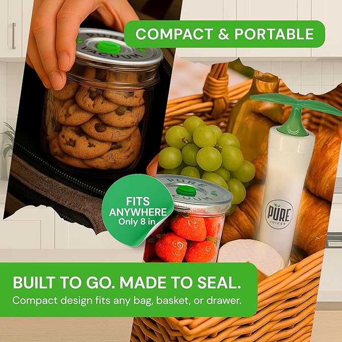 PURE MVP Mason Jar Vacuum Sealer Kit | 3X Faster &amp 8X the Vacuum of Electric | Premium Handheld High-Suction Vacuum Sealer for Jars | Perfect Seal for Juice Smoothies Food for Maximum Freshness