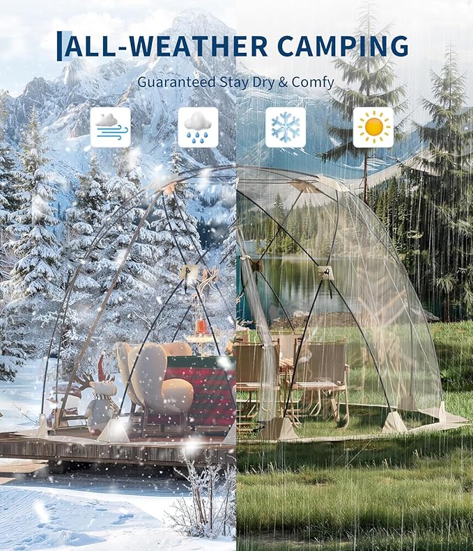 Pop Up Bubble Tent for 4-8 Persons – 10x10 ft All-Weather Transparent Dome Igloo – Rainproof Windproof Shelter for Camping Patio Sports Garden – Portable Sun Shelter (10 * 10)