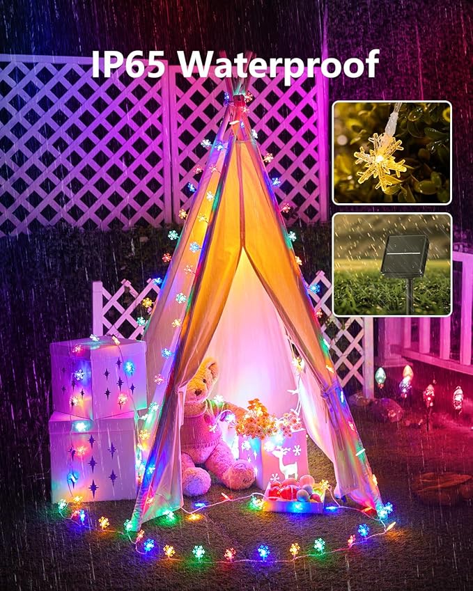 Brightown Solar Christmas Snowflake String Lights 72FT 200 LED Outdoor Waterproof Fairy Lights with 8 Lighting Modes for Wedding Party Tree Room Garden Patio Yard Home Muliticolor
