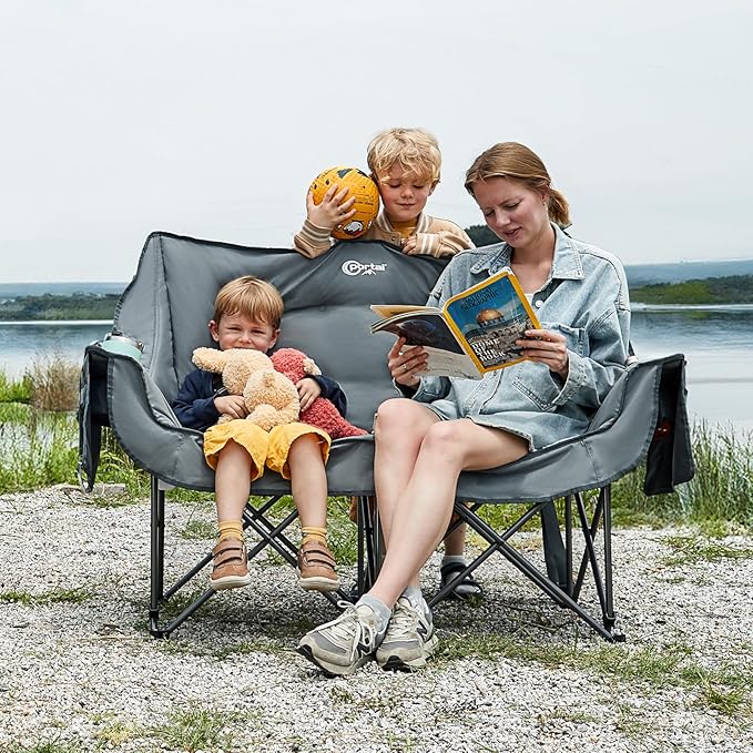 Portal Double Camping Chair 2 Person Folding Loveseat for Adults Padded Cushion Camp Lawn Love Seat with Side Pocket Portable Couch Two Person Heavy Duty Wide Chairs with Cup Holder 600 lbs