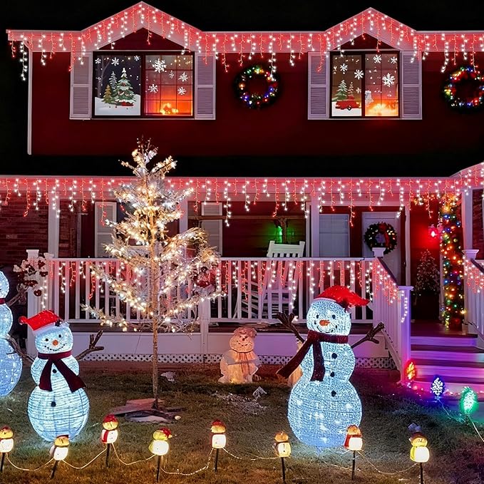 YEGUO 33ft 400 LED Red and White Icicle Lights Outdoor Waterproof 80 Drops Icicle String Lights Connectable 8 Modes Icicle Christmas Lights with Memory