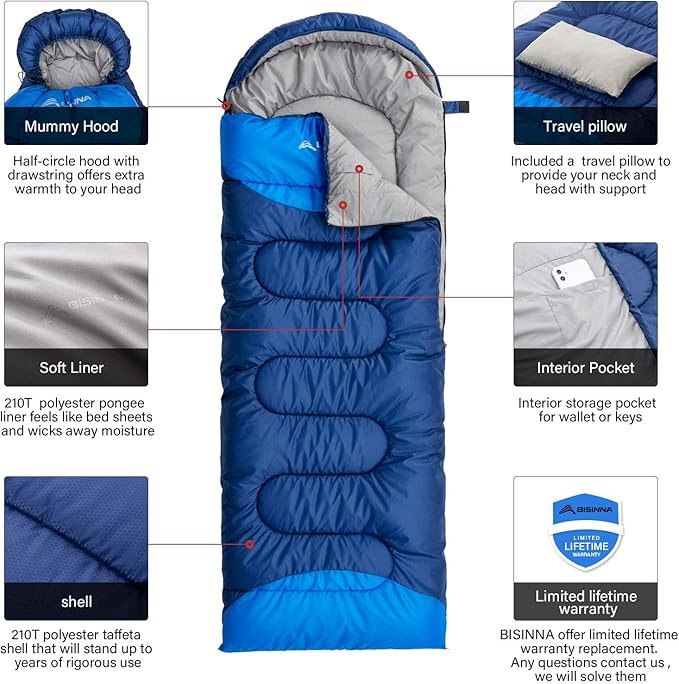 BISINNA Sleeping Bag with Pillow - 4 Season Backpacking Sleeping Bag Lightweight Waterproof Warm and Washable for Adults Kids Women Men's Outdoors Camping Hiking Mountaineering