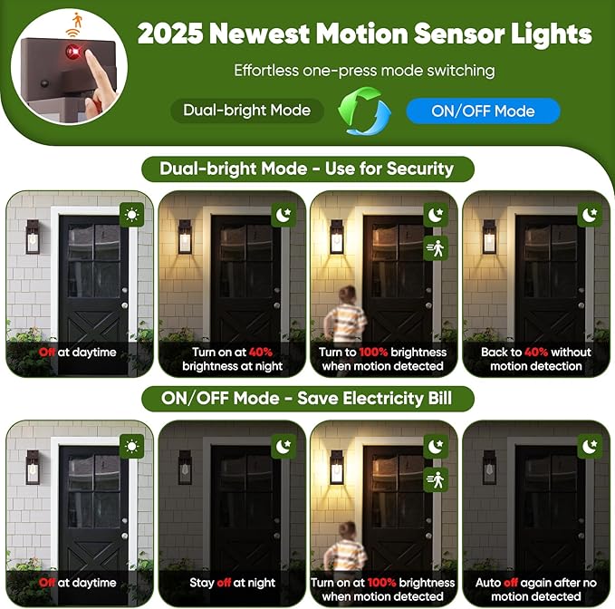 2-Pack Upgraded Motion Sensor Outdoor Wall Lights 13” Dusk to Dawn Porch Lights Outdoor Wall Sconce Lanterns 3 Lighting Modes Exterior Lighting Fixtures Brown Outside Lights for House Patio Garage