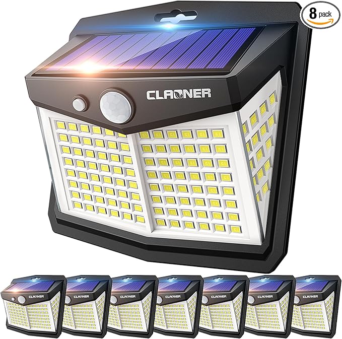 CLAONER Solar Lights Outdoor [128 LED/8 Packs] Solar Motion Lights 3 Working Modes Wall Lights with 270°Wide Angle Wireless IP65 Waterproof Motion Sensor Outdoor Deck Light Cold White