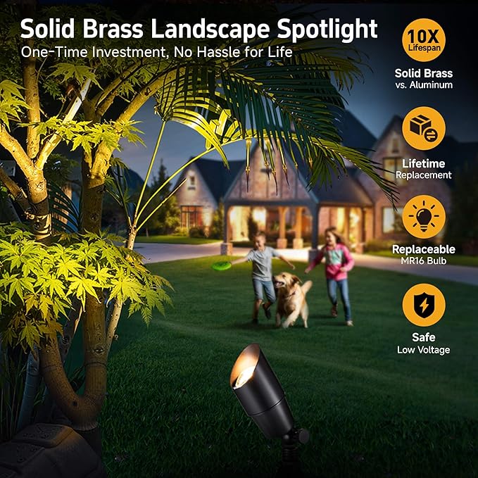 Gardenreet Brass Landscape Lighting - Black Outdoor Low Voltage Spotlights LED 12V Wired Uplights Waterproof Spot Lights for Outside Trees with 5W 4000K Natural White MR16 Bulb (4 Pack)