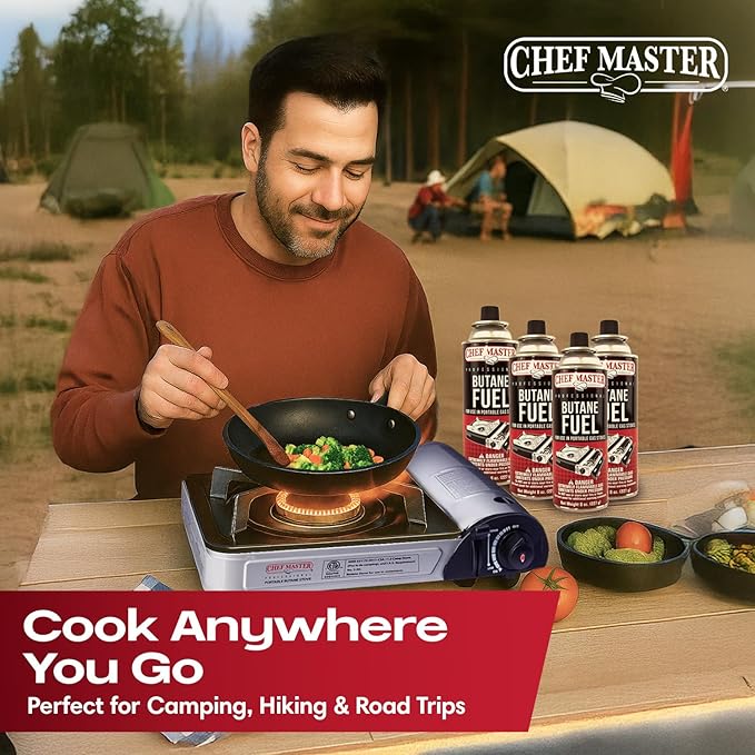 Chef-Master 90011 Butane Countertop Stove 10 000 BTU Portable with Carry Case High Performance Piezo Ignition Brass Burner Safety Stop