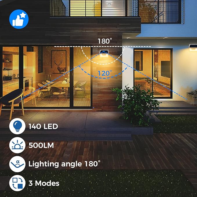 Peasur Solar Lights Outdoor Motion Sensor 12Pack 140LED Waterproof Solar Powered Fence Lights 3 Modes Solar Security Wall Lights for Garden Yard Outside(Warm White)