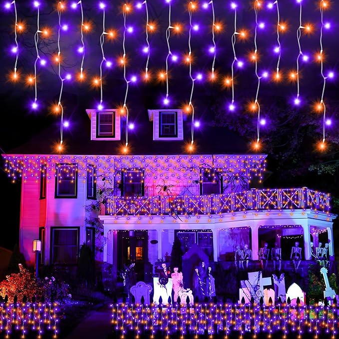 Heceltt 131FT 1280LED Halloween Lights DecorationOrange Purple Led String Lights Outdoor with 240 Drops8 Lighting ModesTimer Memory Function for Halloween Night Party Fence Yard Roof Decor