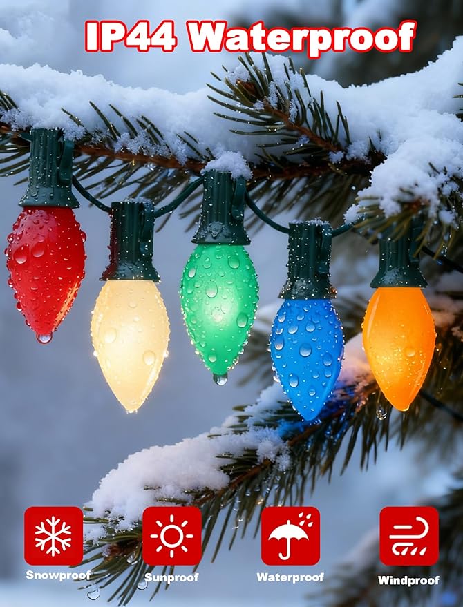 C7 LED Christmas Lights 25Ft Multicolor Christmas String Lights Outdoor with 27 Ceramic LED Light Bulbs String Lights for Tree Decor Patio Carnival E12 Candelabra Base Base