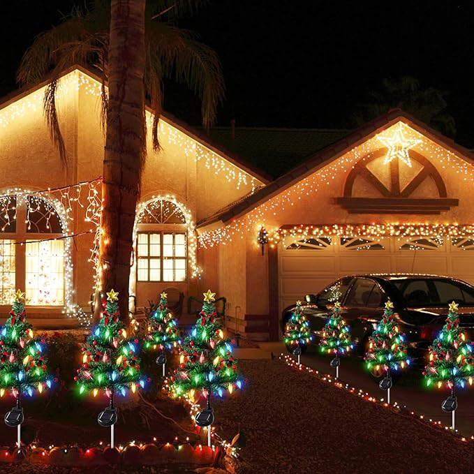 Dremisland Solar Christmas Tree Outside 4Pack Waterproof Solar Xmas Trees with 80 LED Lights 2 Flashing Modes Solar Christmas Decorations Outdoor Yard Garden Patio Cemetery Porch Pathway Decor