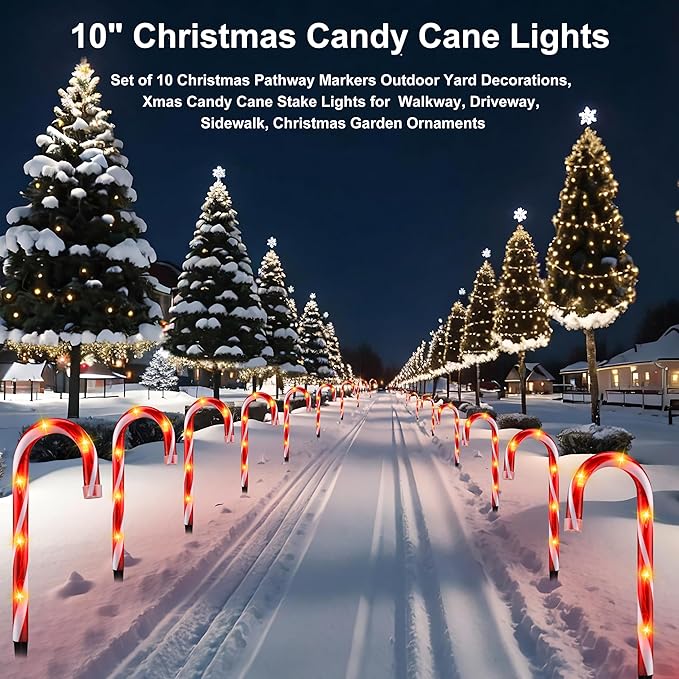 10 Christmas Candy Cane Lights - Set of 10 Pathway Markers Christmas Outdoor Yard Decorations Xmas Candy Cane Stake Lights for Lawn Walkway Garden Xmas Party Indoor Ornaments