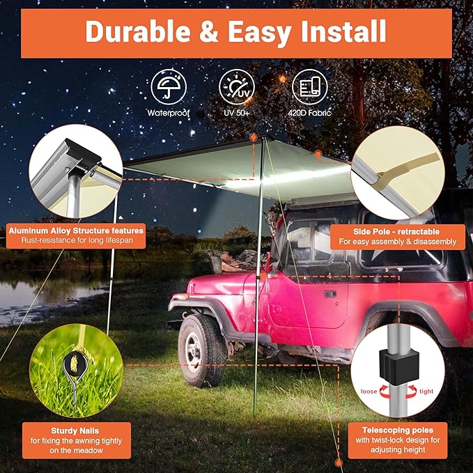 Yescom Car Awning with LED for SUV 4.6FT x 6.6FT Caravan Camping Side Rooftop Tailgate Canopy Tent Shelter Tarp
