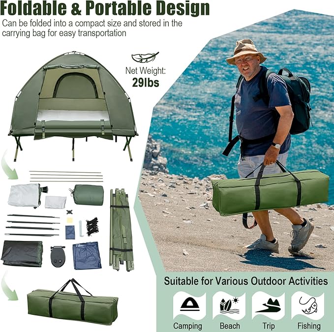 Goplus Camping Tent Cot 5-in-1 Folding Camping Bed with Awning Air Mattress Sleeping Bag Bedspread Off Ground Elevated 1-2 Person Cot Tent with Carrying Bag Air Pump for Camping Picnic Outdoor