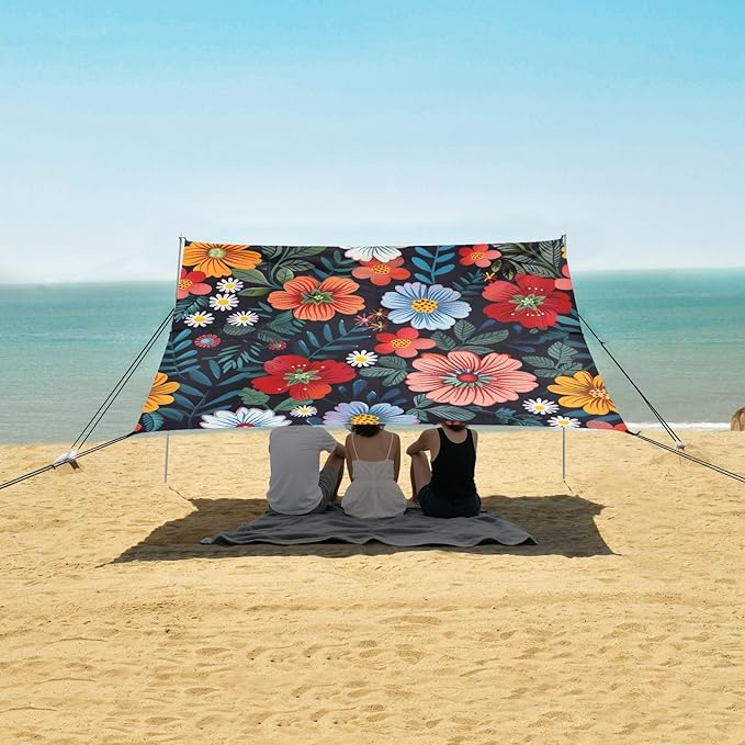 Colorful Floral Pattern Beach Tent Sun Shelter 9.2' x 10.5' Beach Canopy with 4 Sandbags 4 Stability Poles Sand Shovels - Tent Canopy for Beach Camping Fishing Picnics