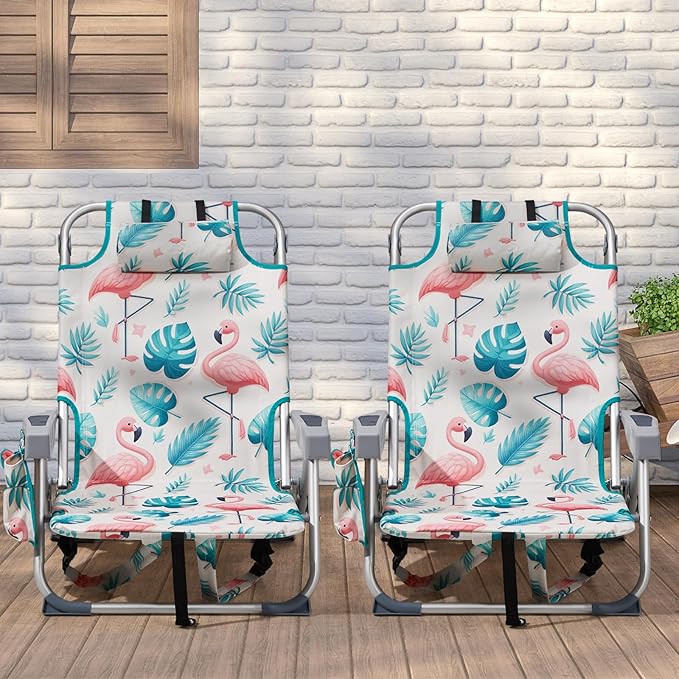 2 Pack Low Beach Chairs for Adults 5-Position Reclining Backpack Beach Chair with Cooler Pouch Portable Lightweight Folding Beach Chair with Aluminum Frame &amp Cup Holder Supports 220lbs Flaming