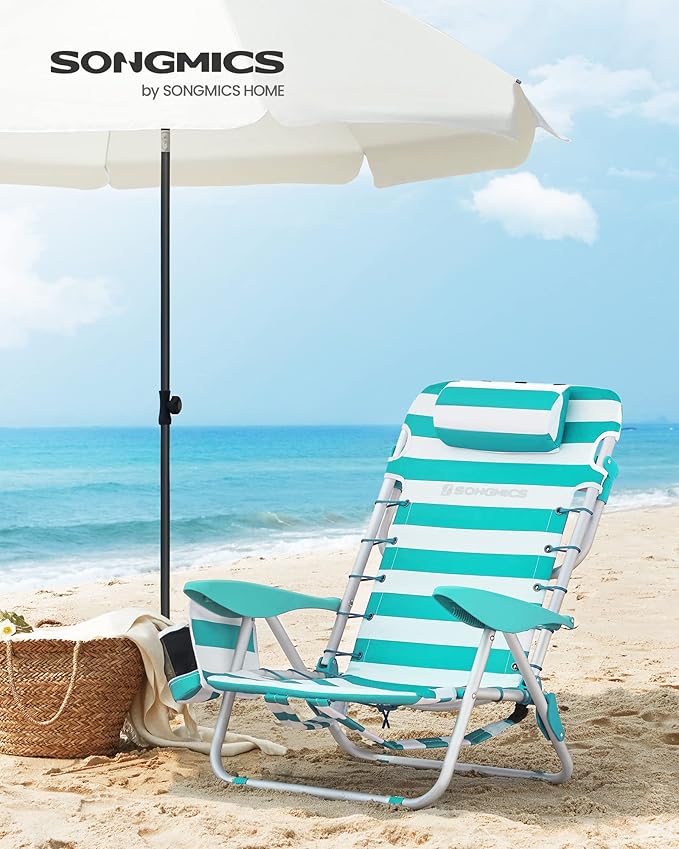 SONGMICS Portable Backpack Beach Chair 331 lb Capacity 4 Angles Adjustable Backrest 2 Side Pockets Towel Bar Green and White UGCB62JW