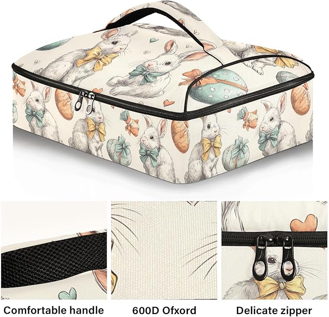 Casserole Carrier Print Cute RabbitInsulated Casserole Carrier for Hot or Cold Food Thermal Lunch Tote for Potluck Parties Picnic Beach Fits 9 x 13 Inches Baking Dish