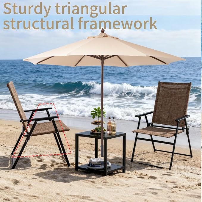 SHGJ&ampSOFT Set of 2 Folding Patio Chairs Outdoor Chair with Armrests for Lawn Garden Pool Beach Yard Lounge Metal Frame No Assembly Camping Chairs (Brown 2pc)