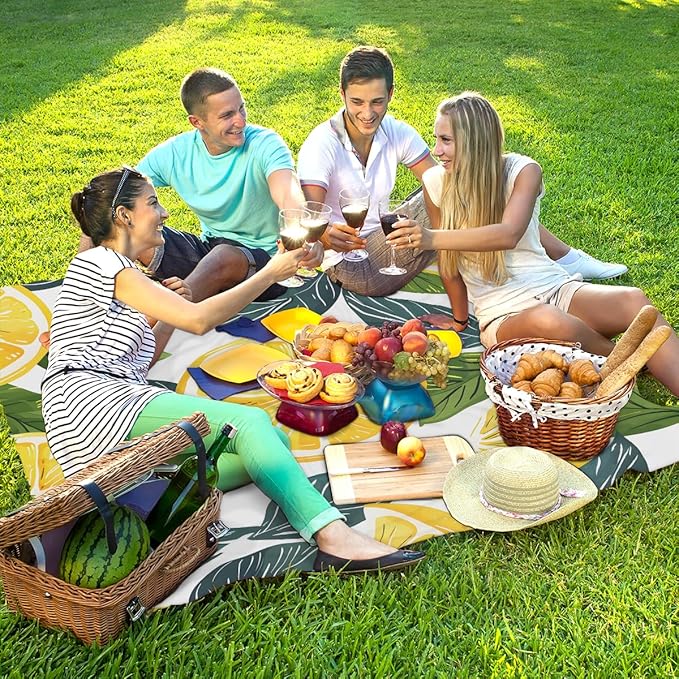 Waterproof Sandproof Beach Blanket 59''×68'' Lemon Slices Polyester Outdoor Picnic Blanket with 4 Stakes &amp Storage Bag for BeachCampingVacation Forsythia Yellow