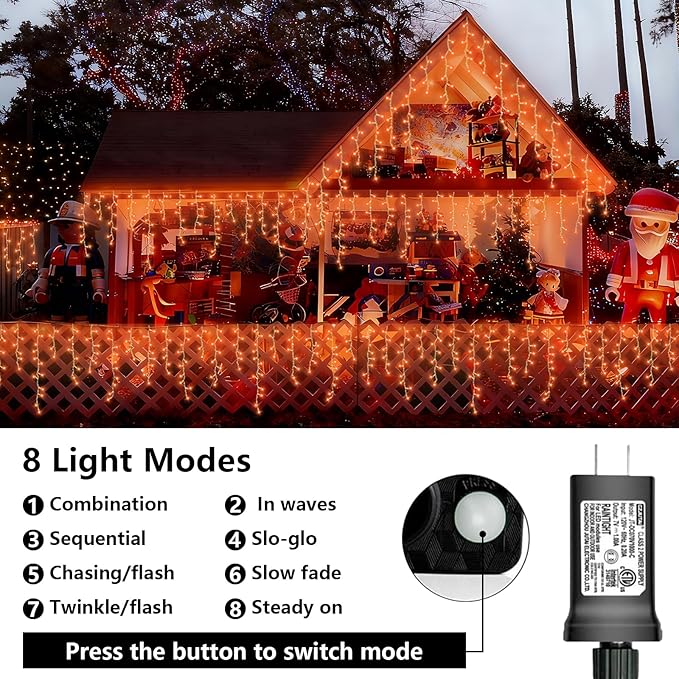 QITONG Orange Icicle Lights for Outside 33ft 400 LED String Light with 8 Modes Clear Wire Connectable Icicle Christmas Lights Indoor Plug in for Halloween Thanksgiving Fall Décor