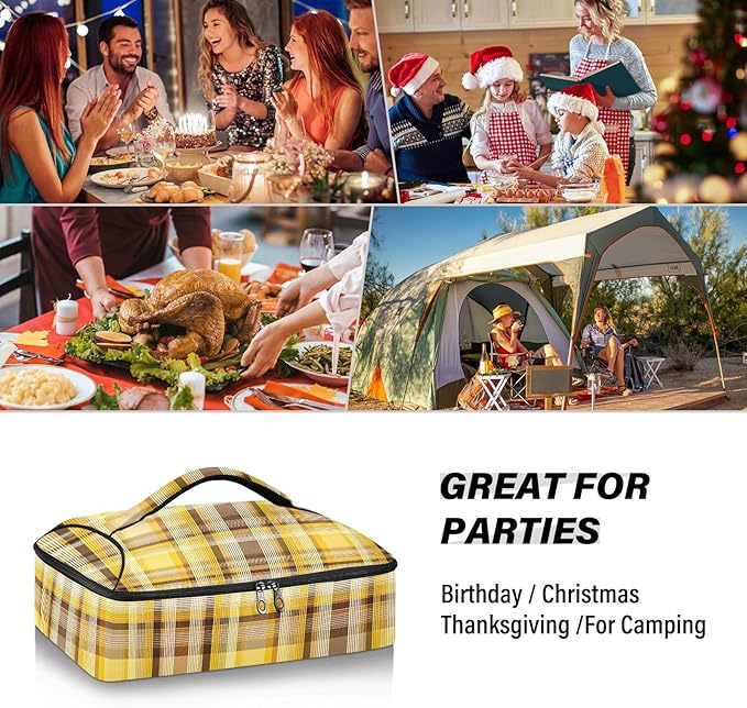 Casserole Carrier Print Yellow and Brown Tartan Pattern Insulated Casserole Carrier for Hot or Cold Food Thermal Lunch Tote for Parties Picnic Travel Carry Bag