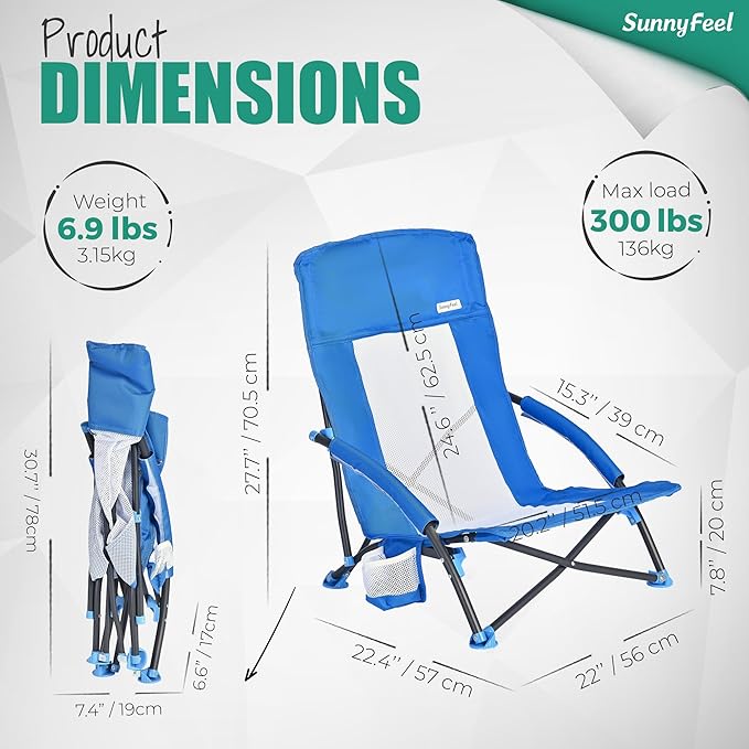 SUNNYFEEL Folding Low Camping Beach Chair 2 Pack Lightweight Portable Lawn Chair with Mesh Back Cup Holder for Outdoor/Travel/Picnic/Concert Foldable Camp Backpack Chairs with Carry Bag