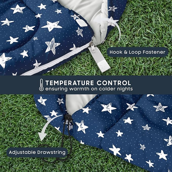 Wake In Cloud - Star Kids Sleeping Bag for Boys Girls Toddlers Camping in Warm Cold Weather Backpacking Lightweight Compact Outdoor Liner for 3 Seasons Summer Spring Fall