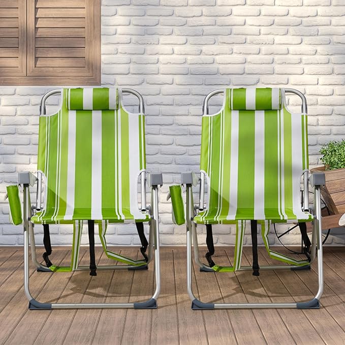 JHshop Reclining Backpack Beach Chair Folding Beach Chair for Adults Lightweight Beach Chair High Back Beach ChairsLightweight Folding Beach Camping Chairs Green Stripes 63 x 70 x 99cm