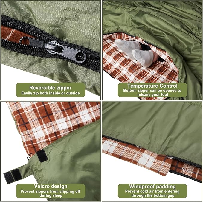 AGEMORE Cotton Flannel Double Sleeping Bag for Camping Backpacking Or Hiking. Queen Size 2 Person Waterproof Sleeping Bag for Adults Or Teens. Lightweight with Compression Sack