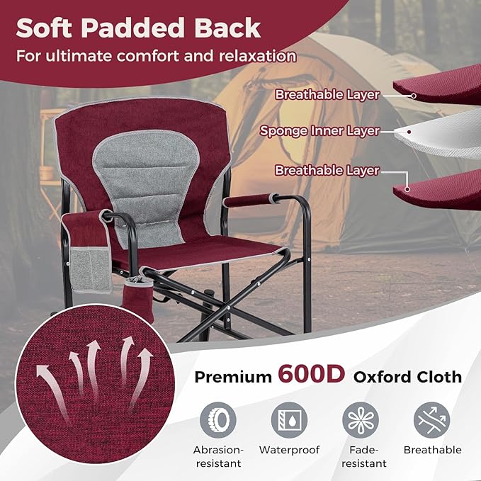 Goplus Outdoor Rocker Camping Chairs for Adults Portable Folding Chair w/Dual Springs Padded Back Cup Holder Storage Pocket Heavy-Duty Rocking Arm Chair for Beach Lawn Travel Fishing(2Wine)