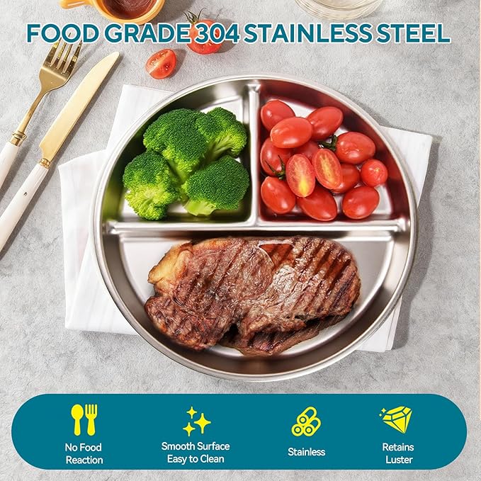 6 Pack Stainless Steel Divided Plate 9 Non Slip Portion Control Plates for Adults Kids Balance Lunch Unbreakable Toddler Set Indoor Outdoor for Party Home Silver