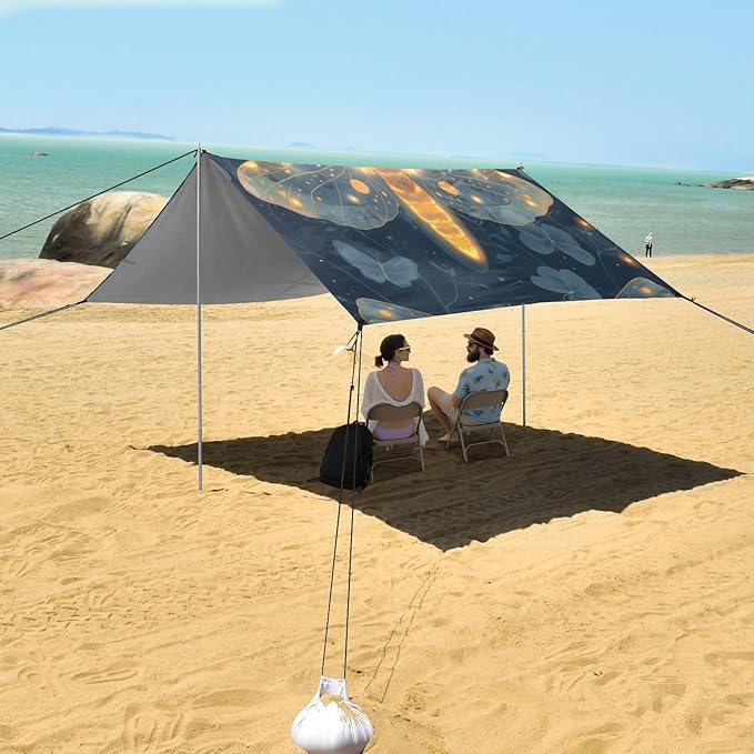 Firefly Beach Tent Sun Shelter 9.2' x 10.5' Beach Canopy with 4 Sandbags 4 Stability Poles Sand Shovels - Tent Canopy for Beach Camping Fishing Picnics