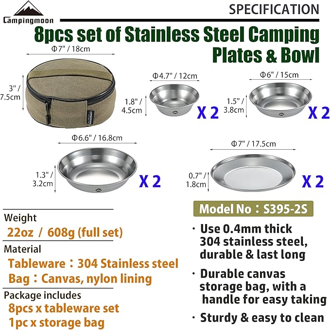 Camping Moon S395 Tableware Camping Plate Stainless Steel Tableware Set Canvas Case Included