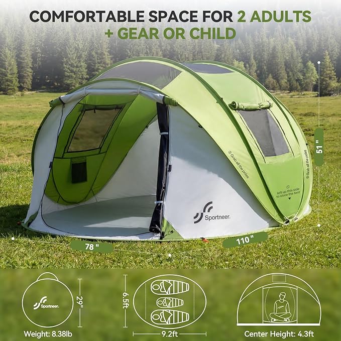 Sportneer Camping Tent: 2 Adults Pop Up Tent with Rain Fly and Carrying Bag - All-Weather Shelter for Camping Backyard Sleepover &amp Beach 2 Doors 3 Top Meshes Easy Set Up Size 110''x78''x51''