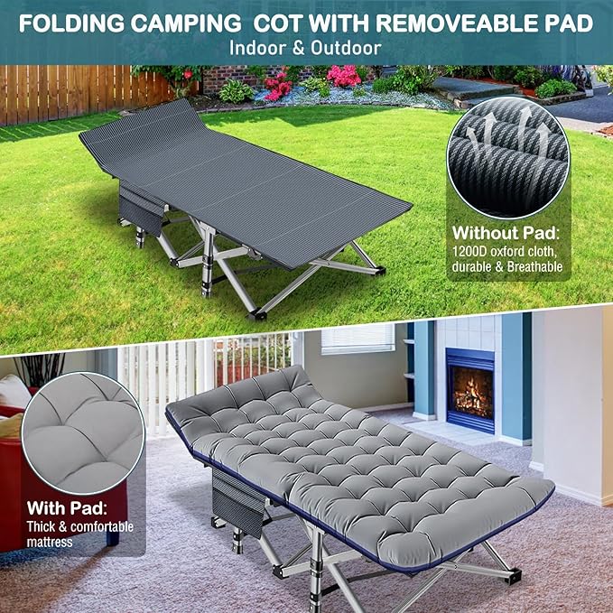 NAIZEA Folding Camping Cots for Adults Folding Cot with Mattress Camping Foldable Bed Portable Military Cot Double Layer Oxford Strong Heavy Duty Sleeping Cots w/Carry Bag for Camp Office Travel