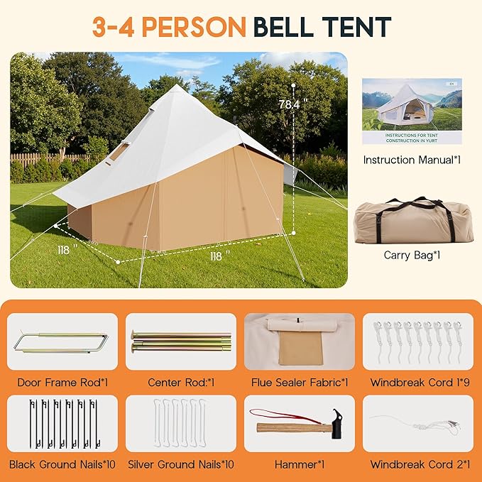 SPECRAFT Canvas Bell Yurt Tents &amp Inflatable Tent for Camping Waterproof Glamping Tent with Stove Jack Breathable Mesh Snowproofing Spacious 4-Season Family Shelter for Outdoor Camping Partie